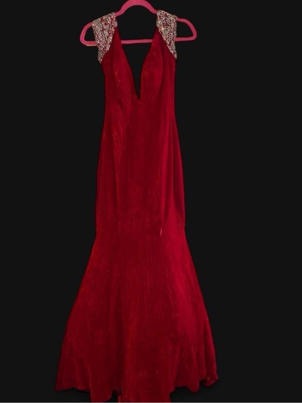 Sherri Hill Red Velvet Mermaid Gown Beaded Cap Shoulders prom pageant formal - Picture 2 of 8